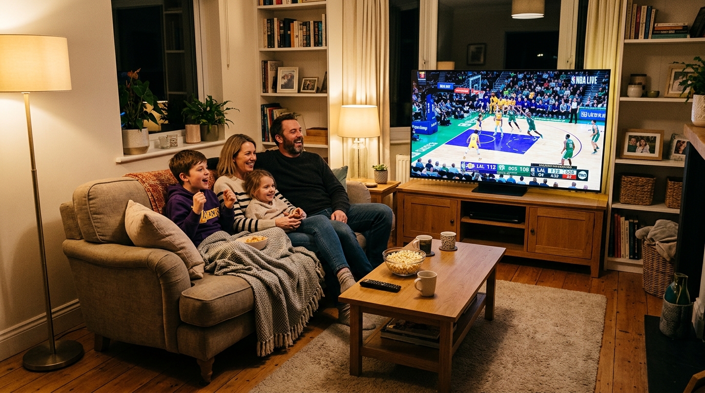 A living room with the YourFlix interface on the television